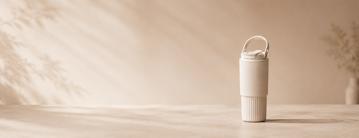 Warm Sand 800ml insulated travel tumbler in a minimalist lifestyle setting