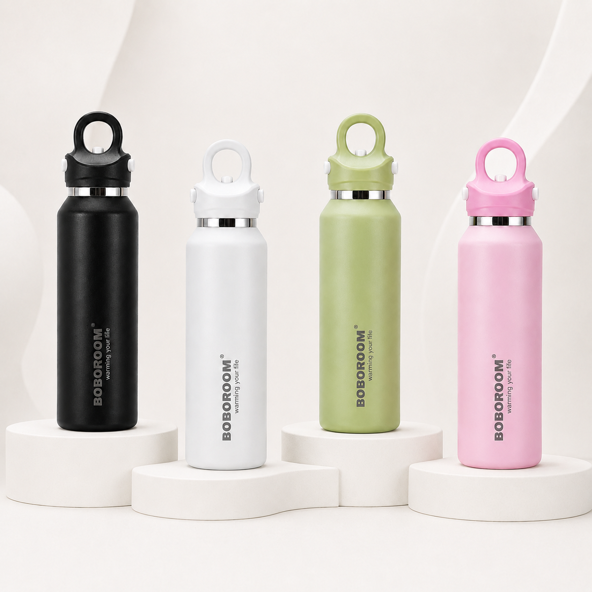 450ml slim insulated bottle in black, white, sage green and soft pink