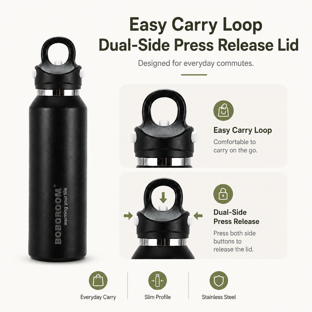 Slim insulated bottle with carry loop and dual-side press release lid