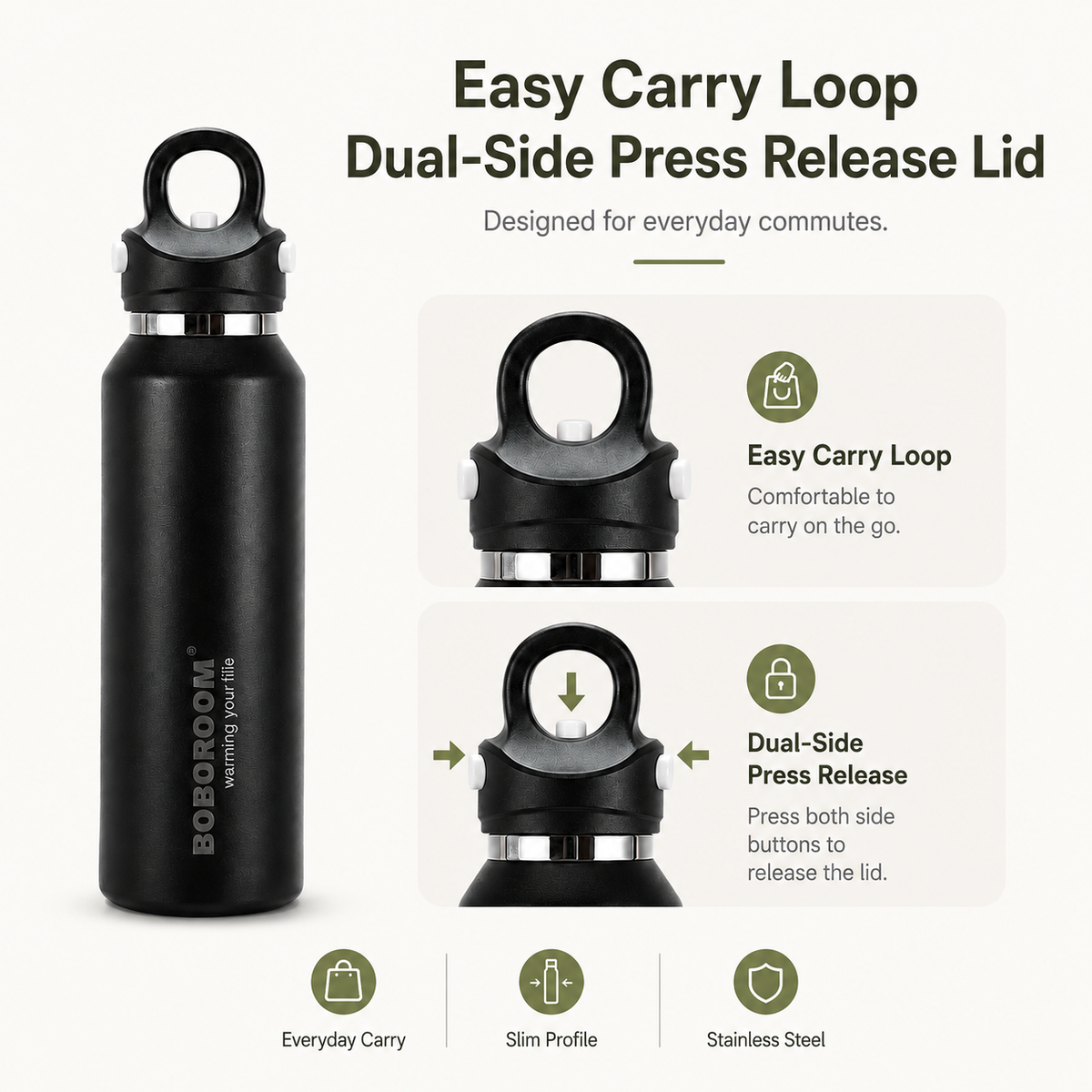 Slim insulated bottle with carry loop and dual-side press release lid