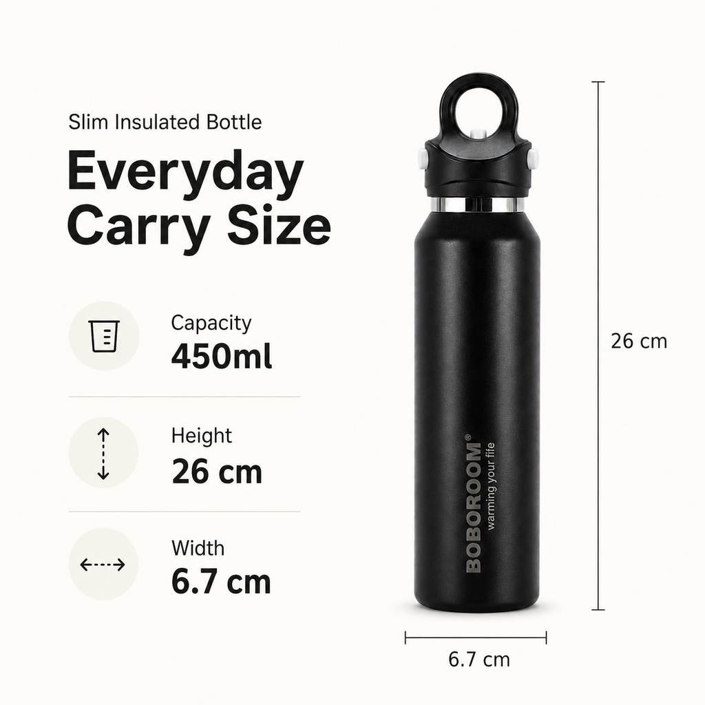 450ml slim insulated bottle dimensions, 26 cm high and 6.7 cm wide
