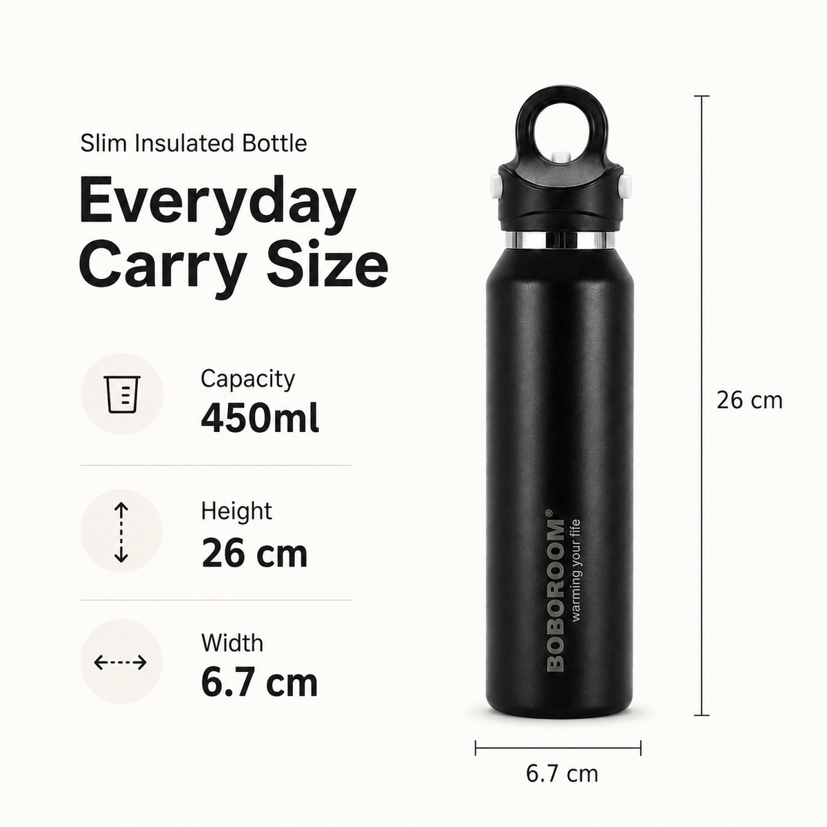 450ml slim insulated bottle dimensions, 26 cm high and 6.7 cm wide