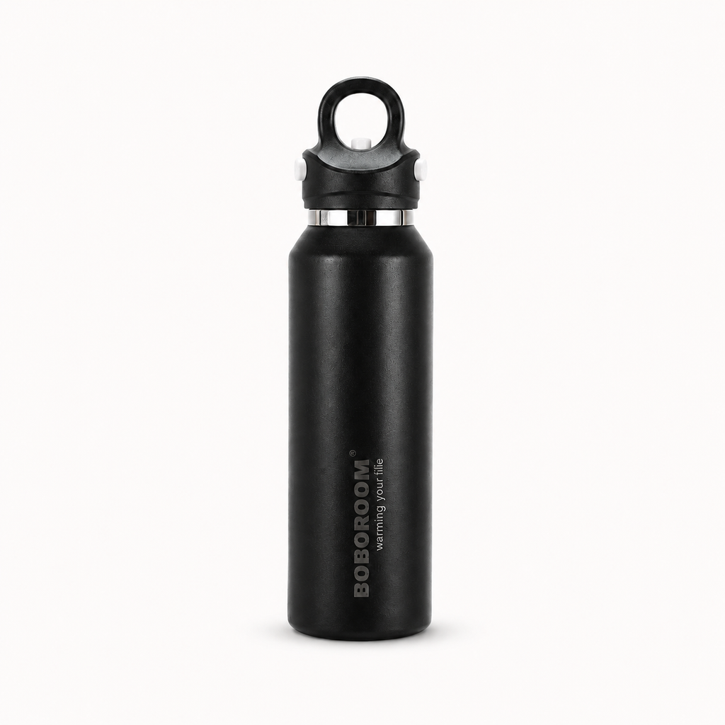 Black 450ml slim insulated bottle with carry loop lid
