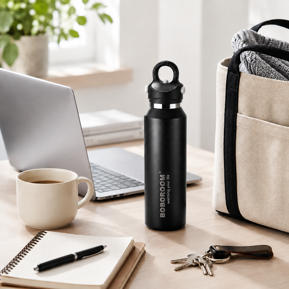 Black slim insulated bottle on a modern office desk for everyday commuting