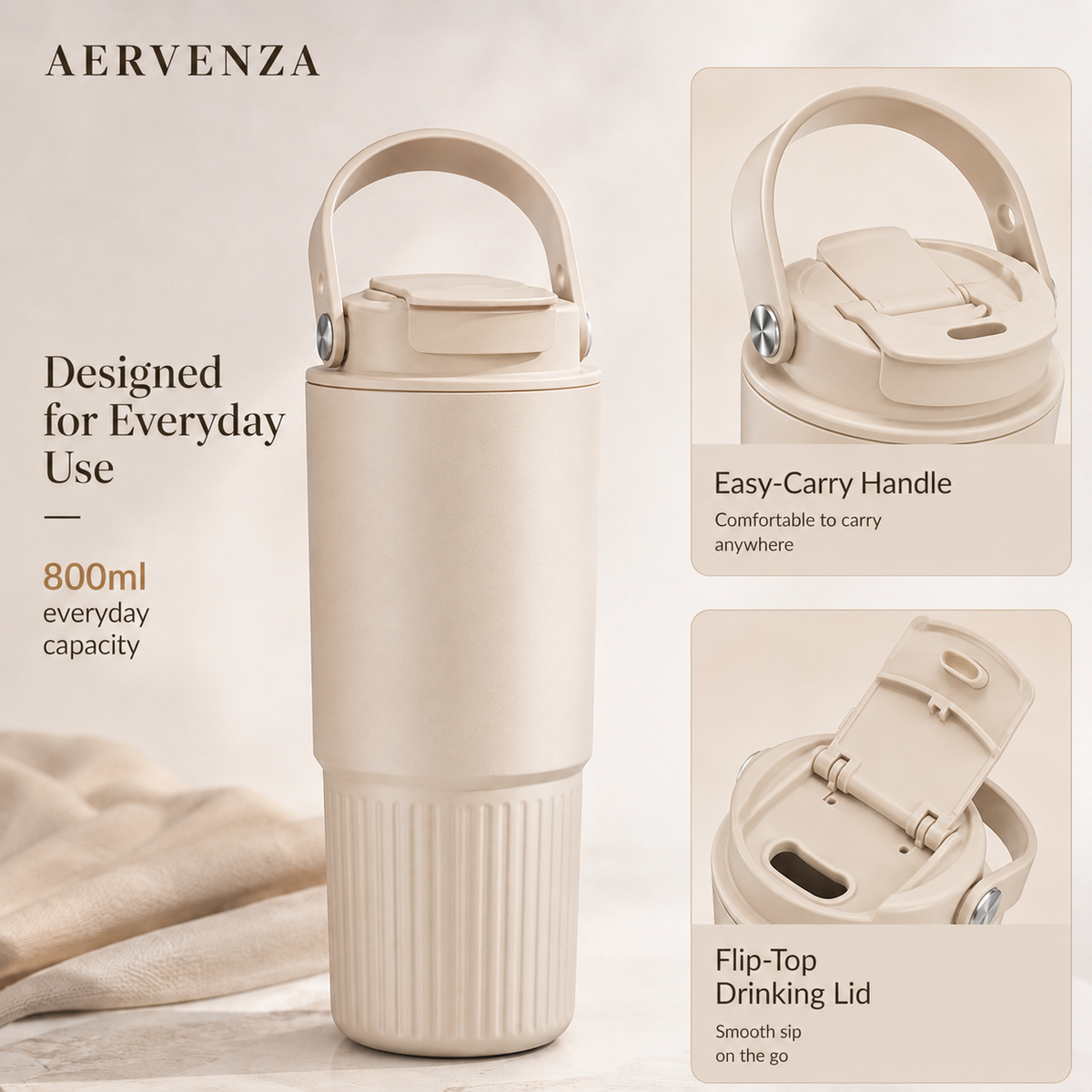 Insulated travel tumbler with carry handle and flip-top lid