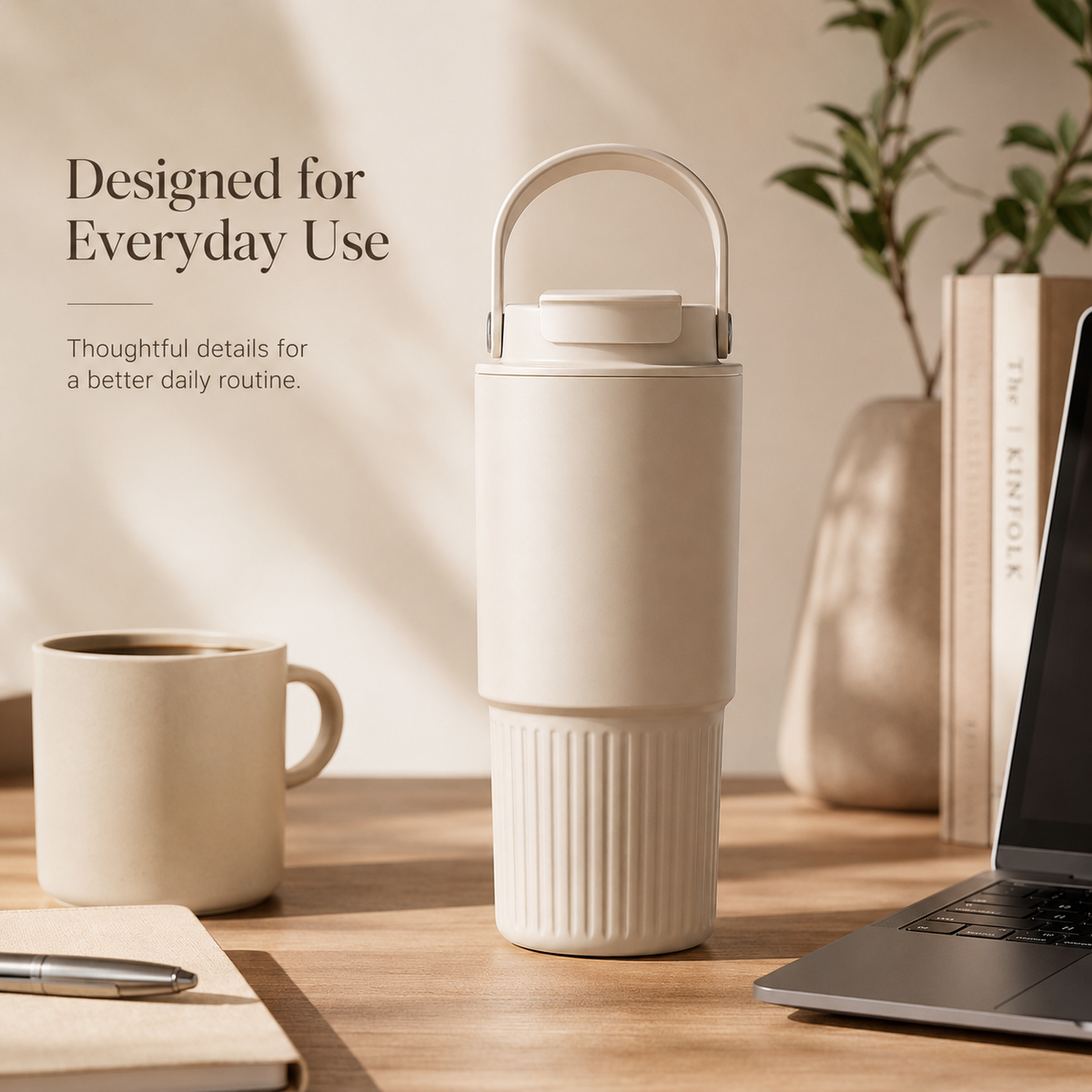 Warm Sand insulated tumbler on a work desk