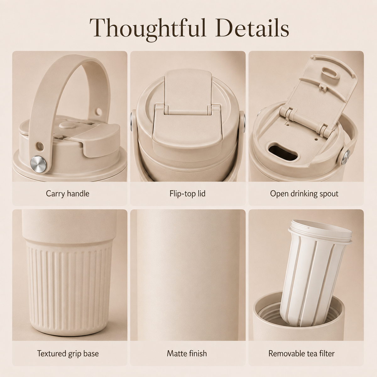 Insulated travel tumbler handle lid grip and tea filter details